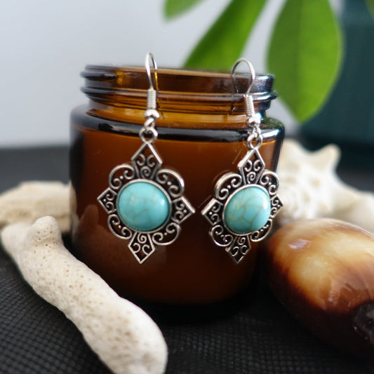 Boho Diamond Filigree Silver Turquoise Earrings